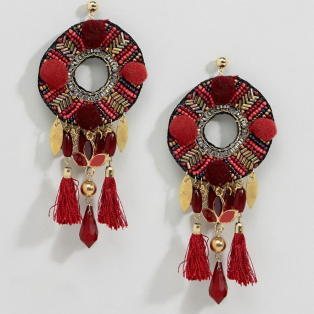 NWOT ASOS Statement Pom and Beaded Tassel Earrings